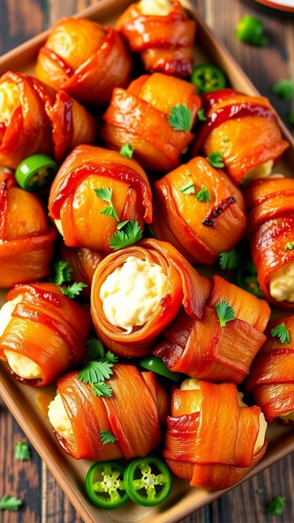 Crispy bacon-wrapped jalapeño bites on a platter, garnished with parsley, with jalapeño slices around, on a rustic wooden table.